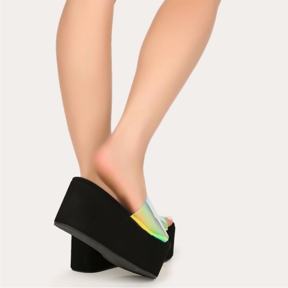 Dolls Kill x Lady Go Diva Holographic Iridescent Black Suede Platform Sandals - Picture 4 of 8